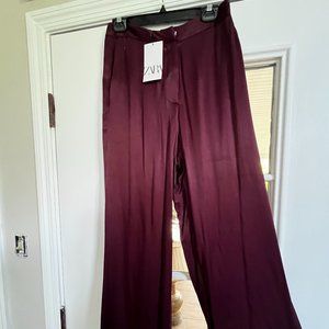 NWT ZARA FLOWY FULL LENGTH SATIN PANTS BURGUNDY